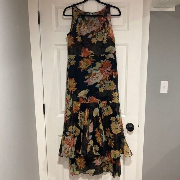 Floral‎ Dress Sz 6 Black Dark Romantic Semi Sheer Layered Ruffle Whimsical Fairy - Picture 1 of 7